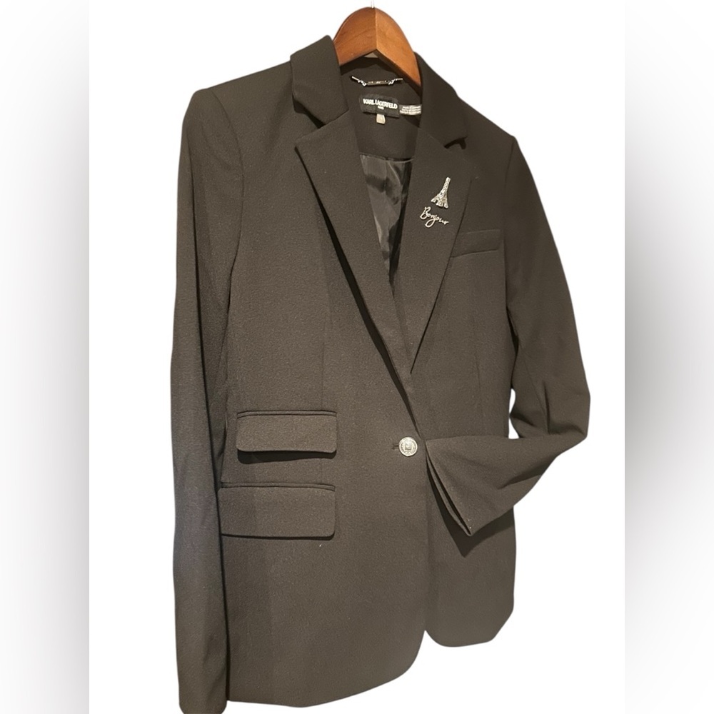 NWT Karl Lagerfeld Black Blazer with Eiffel Tower & Bonjour Embellishments - Picture 2 of 5